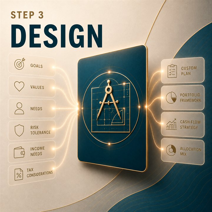 Design process illustration showing custom plan, portfolio framework, cash flow strategy, and allocation mix.